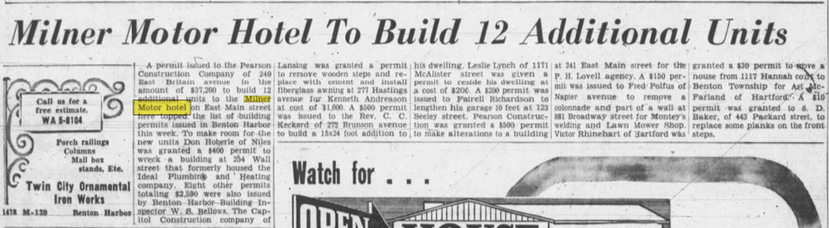 Milner Moter Hotel - Sept 1959 Article On Expansion (newer photo)